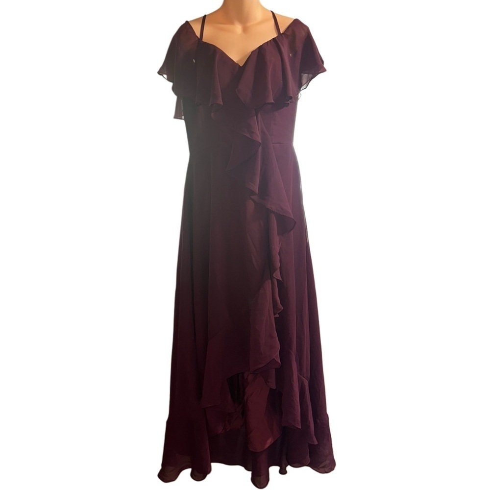VNAIX Burgundy Full Length Bridesmaid Ruffle Dress Thin Straps Corset Back 12